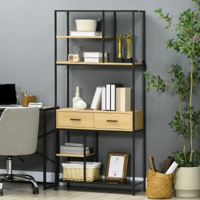 HOMCOM Estantería Estilo Industrial de 5 Niveles Mueble Estantes Almacenaje con 2 Cajones y Marco de Metal 80x30x170,5 cm Roble