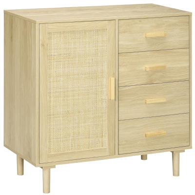 HOMCOM Aparador de Salón Estilo Cannage Buffet con Puerta de Ratán 4 Cajones Patas de Madera de Pino 80x38x80,5 cm Natural