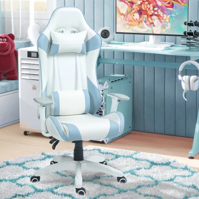 HOMCOM Gaming Chair Faux Leather Reclining Blue/White