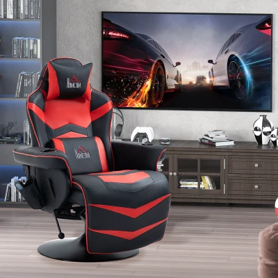 HOMCOM Gamingsessel, Massagefunktion, neigbare Lehne, Fußstütze, bis 120 kg, Stahlrahmen, Kunstleder, Rot