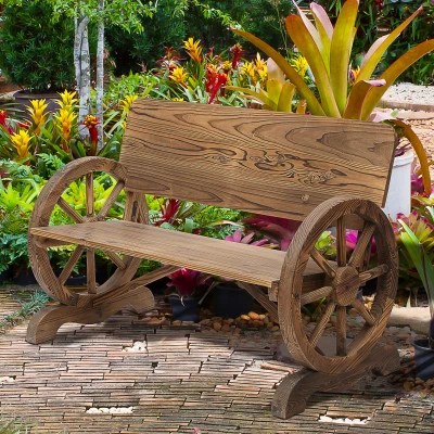 Outsunny 2-Sitzer Gartenbank Massivholz mit Armlehne, Sitzbank mit Wagenräder-Design, Gartenmöbel 250kg belastbar, Rustikale Bank, 114 x 58 x 80 cm, Braun