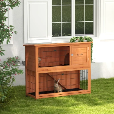 PawHut Two-Tier Wood Rabbit Hutch 102cm with Run - Orange