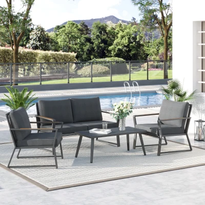 Outsunny Gartenmöbelset für 4 Personen Sofa Sessel Beistelltisch Polyrattan Alu Grau