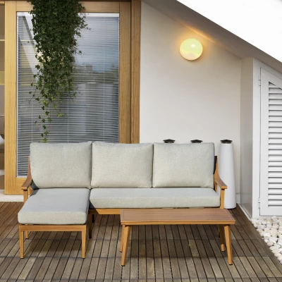 Outsunny Gartenmöbel Set für 3 Personen mit Chaiselongue Doppelsofa Tisch Natur