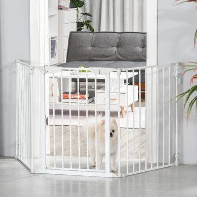 PawHut Absperrgitter für Hunde Schutzgitter Hundegitter Türschutzgitter 3 Elemente inkl. Sicherheitstür, Wandmontierte Haltung für Kamin & Ofen, Metall Weiß 180 x 3 x 74,5 cm