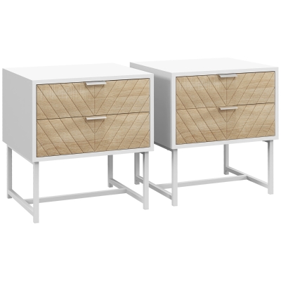 HOMCOM Modern Bedside Table Set of 2 Metal Frame White Oak