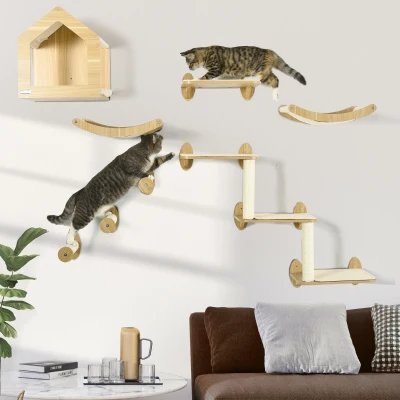 PawHut 8-Piece Cat Shelves Set with House & Scratching Posts