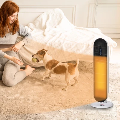 HOMCOM Calefactor Cerámico de Torre 1200W/2000W con Mando a Distancia Termostato Temporizador de 24H y Sistema Antivuelco para Sala de 20 m² 21x21x63,5 cm Blanco y Negro
