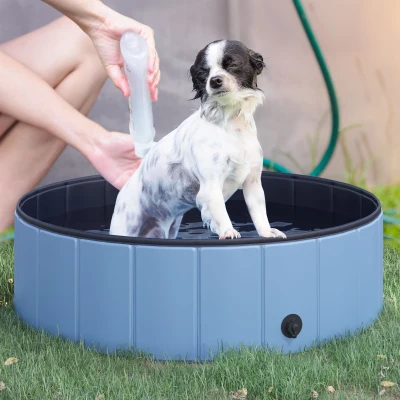 PawHut Piscina Plegable para Perros Gatos Ø100x30 cm Bañera Portátil para Mascotas PVC Antideslizante Múltiples Usos Color Azul