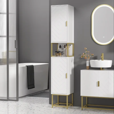 kleankin Colonna Bagno con 2 Armadietti MDF e Acciaio Bianco/Oro