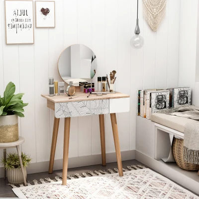 HOMCOM Wooden Dressing Table with Drawer & Mirror Oak