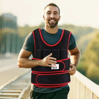 HOMCOM Chaleco Ajustable para Entrenamiento Pesos Individuales hasta 15 kg Cierres de Velcro Doble Cinturón 60x50 cm Negro y Rojo