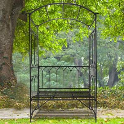 Outsunny Rosenbogen mit Bank Rosenbank Laubenbank Philosophenbank Rankgitter Rankhilfe Gartenbank Metall Schwarz 115 x 50 x 203 cm