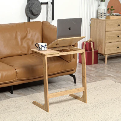 HOMCOM Mesa Auxiliar de Bambú en Forma de C con Encimera Abatible y Ángulo Ajustable 140-180° 60x33x67 cm Natural