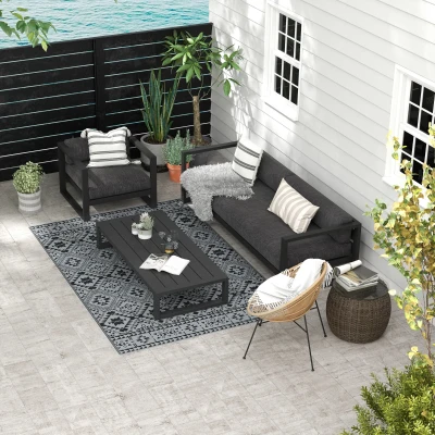 Outsunny Outdoor Wendeteppich, wasserfest, geometrisch, 182x274cm, Schwarz/Grau