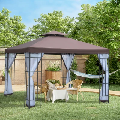 Outsunny Pavillon Gartenpavillon mit Moskitonetze Seitenwände, Partyzelt mit Doppeldach, Gartenzelt Festzelt 2,97x2,97m