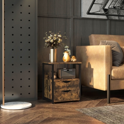 HOMCOM Industrial Side Table Slim Nightstand Rustic Brown