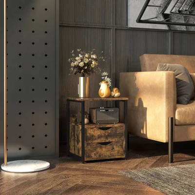 HOMCOM Industrial Side Table Slim Nightstand Rustic Brown