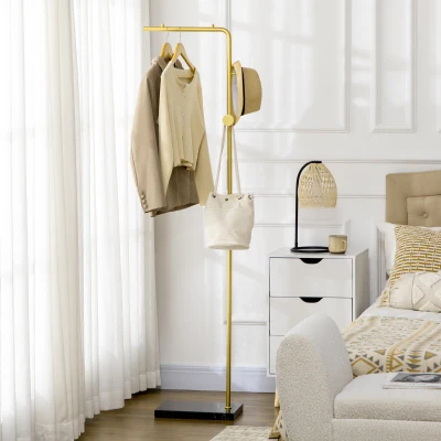 HOMCOM Garderobenständer, Kleiderständer, Metall, Marmor-Basis, 35x25x170 cm, Gold/Schwarz