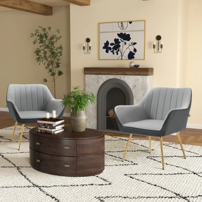 HOMCOM Velvet Armchairs Set of 2 with Steel Legs Light Grey