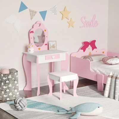 ZONEKIZ Tocador de Madera Infantil con Taburete y Espejo Centro de Belleza con 1 Cajón para 3-6 Años 50x36,5x89,5cm Rosa