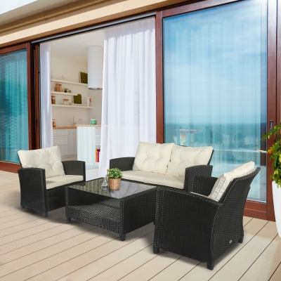 Outsunny Gartenmöbel-Set, 4-tlg., 3 Sofas, Beistelltisch, Sitzkissen, Alurahmen, Kunstrattan, Schwarz