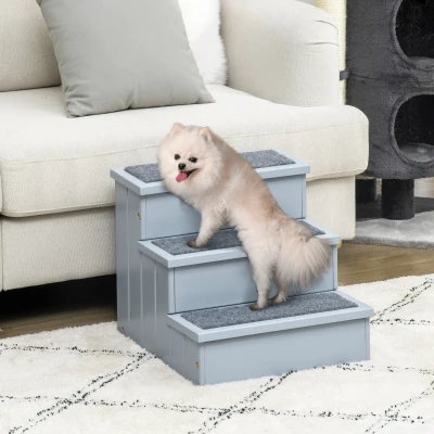 PawHut Escalera para Mascotas 3 Peldaños con Espacio de Almacenaje y Alfombra Antideslizantes Portátil 40,5x44,5x38 cm Gris