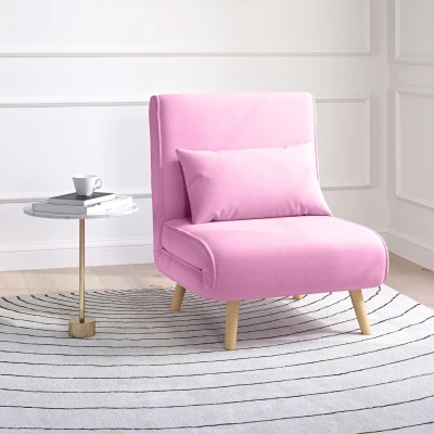 HOMCOM Sofá Cama Individual Tapizado en Lino con Respaldo Ajustable en 5 Posiciones y Almohada 72x75x85 cm Rosa