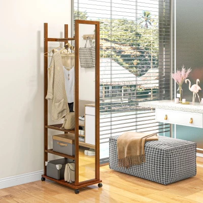 HOMCOM 2-in-1-Spiegel Spiegel Ganzkörperspiegel Garderobe, 1 Kleiderstange, 3 Regale, 35,8 x 59,8 x 170 cm, Natur
