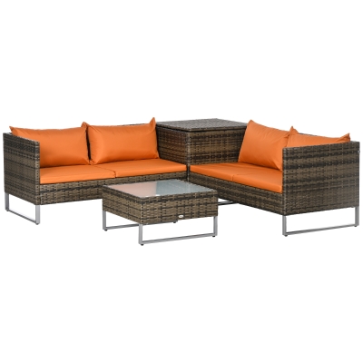 Outsunny Rattan Sofa Set 4-Piece with Storage Table Orange/Brown