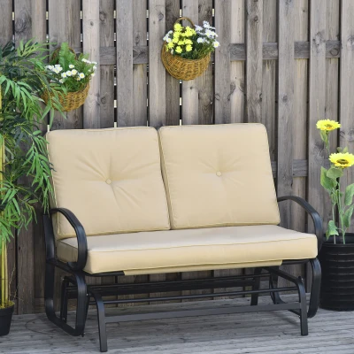 Outsunny Banc Jardin 2 Places Acier Noir Coussins Beige