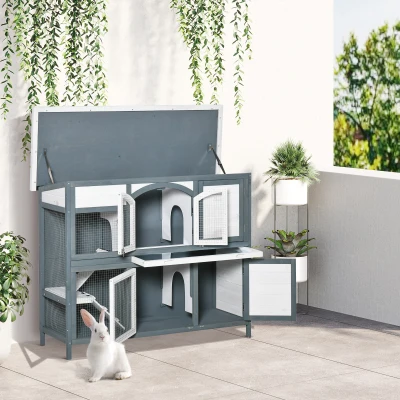 PawHut 2 Tier Wooden Rabbit Hutch with Ramp 125x48cm Grey