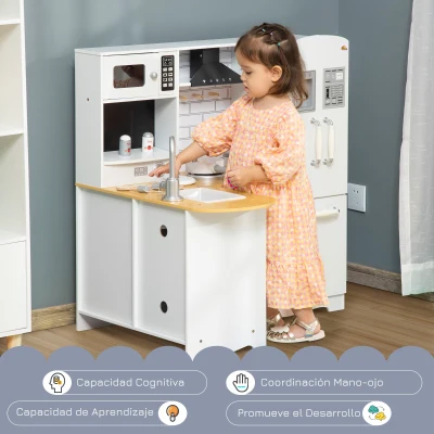 HOMCOM Cocina de Juguete de Madera para Niños de +3 Años con Sonidos 14 Accesorios Cocinita Infantil con Teléfono Fregadero Extraíble Microondas y Grifo 82x65x87 cm Blanco(m-4)