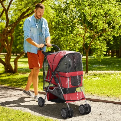 PawHut Dog Stroller Folding Pet Pram Red with Rain Cover