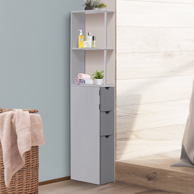 HOMCOM Etagère gain de place WC ou salle de bain 15L x 33l x 136H cm 3 niveaux 2 tiroirs et placard MDF métal blanc gris