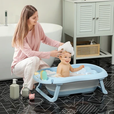 AIYAPLAY Bañera Plegable Bebé con Soporte con Orificio de Drenaje y Agujero de Ducha 83x48x23,5 cm Azul Claro
