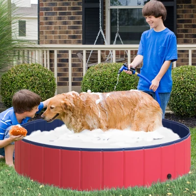 PawHut Hundebadewanne faltbar Badewanne Hundepool Plantschbecken Swimmingpool Wasserbecken für Hunde und Katzen Schwimmbecken Kunststoff+Holz Rot Ø140 x H30 cm