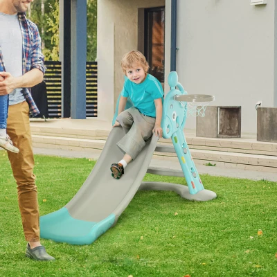 HOMCOM Kinderrutsche mit Basketballkorb faltbare Spielzeugrutsche mit verlängerter Heckkissen Dreiecksstruktur HDPE PP Hellblau+Grau 147 x 82 x 85,5 cm