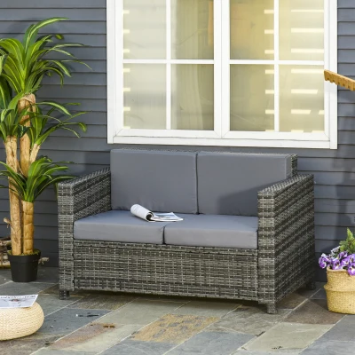 Outsunny Poly-Rattan Sofa mit Kissen 2-Sitzer Garten Loungesofa Metall Polyester Grau 130 x 70 x 80 cm