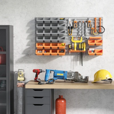DURHAND Estantería de Pared para Herramientas 95x54 cm con 28 Cajas Apilables y Diferentes Ganchos Gris y Naranja