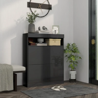HOMCOM Shoe Storage Cabinet 16 Pairs Flip Doors Black