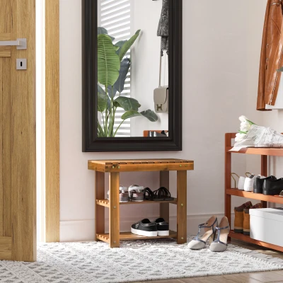 HOMCOM Acacia Wood Shoe Bench 3-Tier Storage 50x28 cm Teak