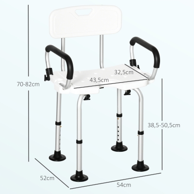 HOMCOM Silla para Ducha Taburete de Ducha Antideslizante con Altura Ajustable y Apoyabrazos Regulable Carga 136 kg