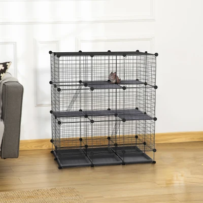 PawHut Jaula para Animales Pequeños Parque Modulable y Desmontable con 4 Puertas 6 Bandejas Extraíbles 111x75x119 cm Negro