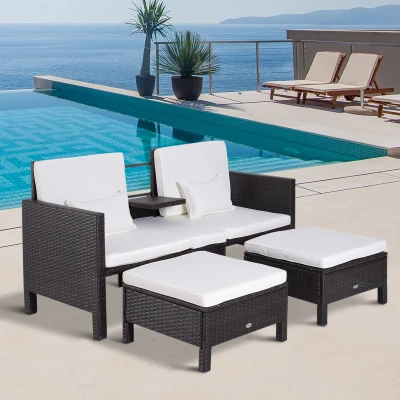 Outsunny 3-tlg. Gartensofa Gartenmöbel Lounge Gartenset Sitzgruppe Rattenmöbel Braun Polyrattan + Metall 2er-Sofa 2 x Hocker Kissen