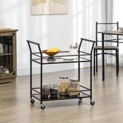 HOMCOM Küchenwagen mit 4 Rollen, 2 Ablagen und Griffen, 75 cm x 40 cm x 80 cm, Schwarz