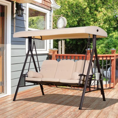 Outsunny Balancín de Jardín de 3 Plazas con Estructura Metálica Toldo y Bandeja para Bebidas para Exterior 208x121x172 cm Beige