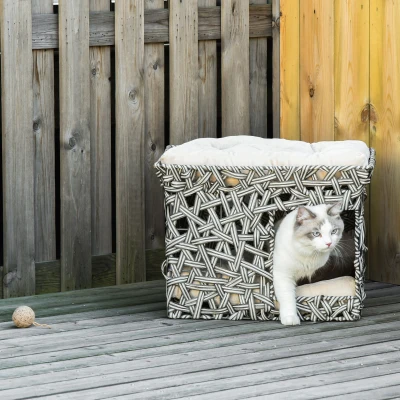 PawHut Cesta de Ratán para Gatos de 2 Pisos Cueva Cama de Gato Tipo Caseta con 2 Cojines Suaves Estructura de Metal 51x42x37 cm Gris y Beige