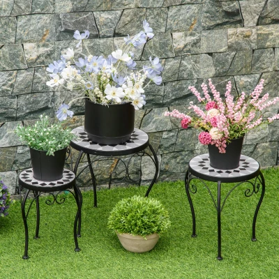 Outsunny Blumenständer 3er Set Pflanzenständer Set Blumenhocker Blumentopfhalter Pflanzenhocker für Blumentopf Keramikfliesen Metall Schwarz+Weiß