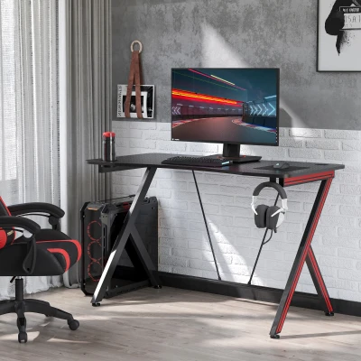 HOMCOM Mesa Gaming 120x60x75 cm Escritorio Ergonómico Gaming Desk para Ordenador PC con Portavasos Gancho para Auriculares y Orificio de Pasacables Efecto de Fibra de Carbono Negro
